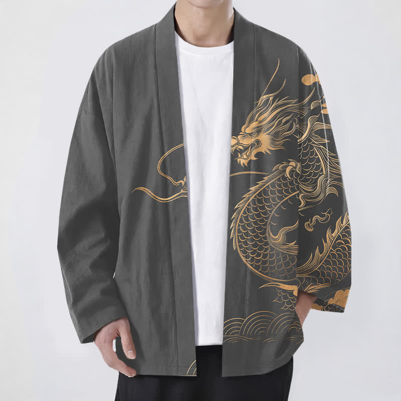 Buddha Stones Kimono de hombre de algodón con estampado de nube y dragón dorado y frente abierto. - Gris oscuro - US/UK/AU48, UE58 (4XL) - image 6