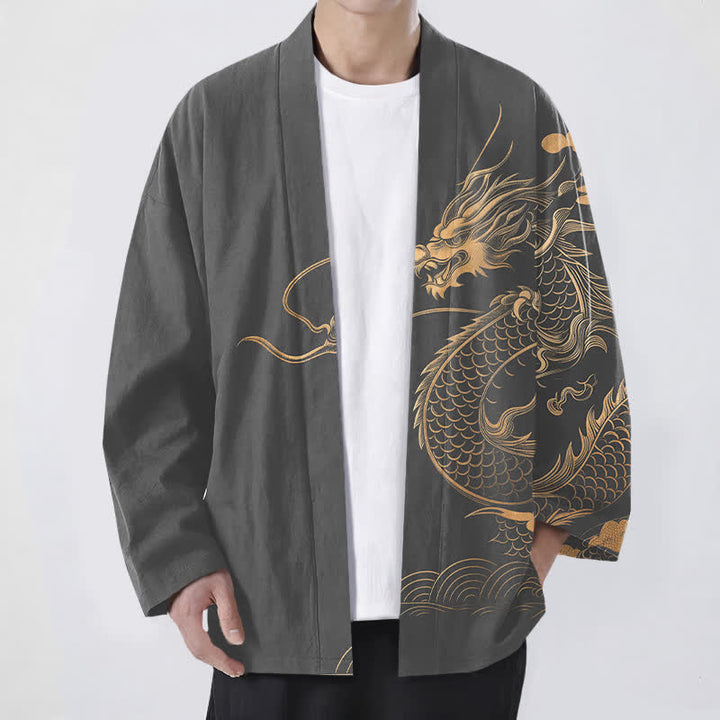 Buddha Stones Kimono de hombre de algodón con estampado de nube y dragón dorado y frente abierto. - Gris oscuro - US/UK/AU48, UE58 (4XL) - image 6