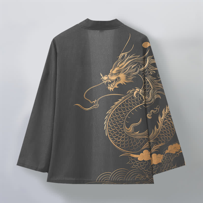 Buddha Stones Kimono de hombre de algodón con estampado de nube y dragón dorado y frente abierto. - image 8