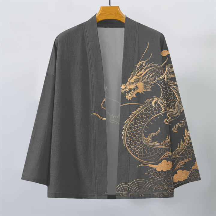 Buddha Stones Kimono de hombre de algodón con estampado de nube y dragón dorado y frente abierto. - image 7