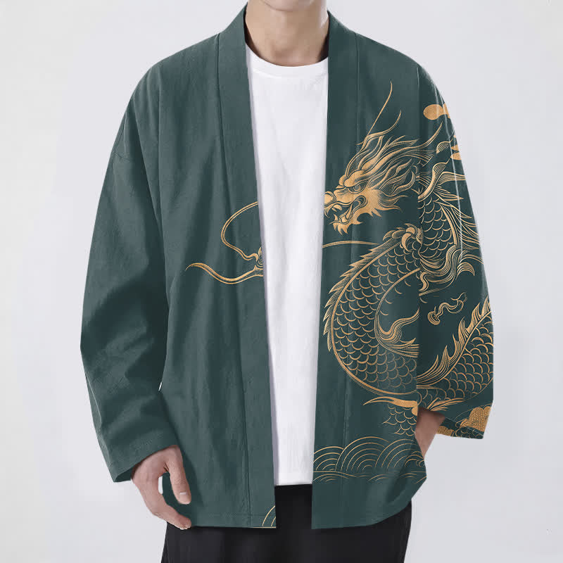Buddha Stones Kimono de hombre de algodón con estampado de nube y dragón dorado y frente abierto. - Verde azulado - US/UK/AU48, UE58 (4XL) - image 9