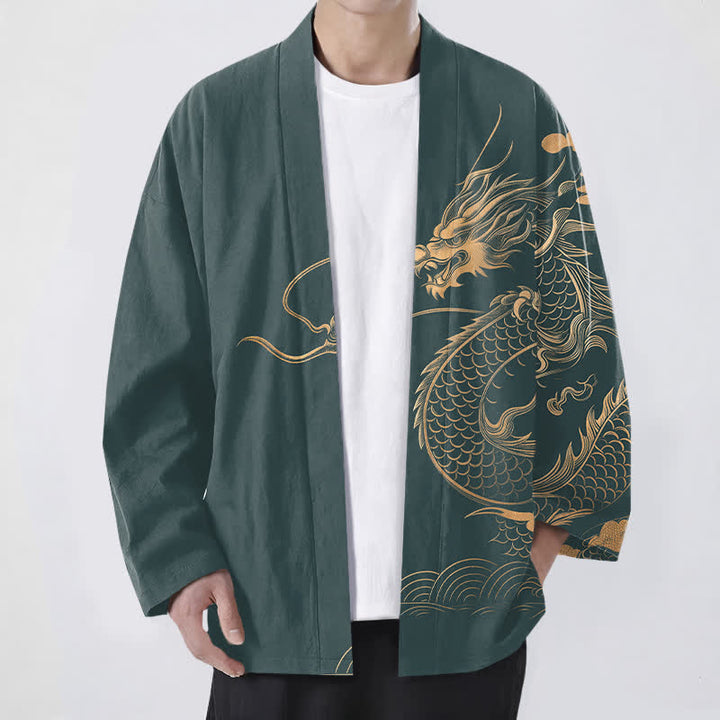 Buddha Stones Kimono de hombre de algodón con estampado de nube y dragón dorado y frente abierto. - Verde azulado - US/UK/AU48, UE58 (4XL) - image 9
