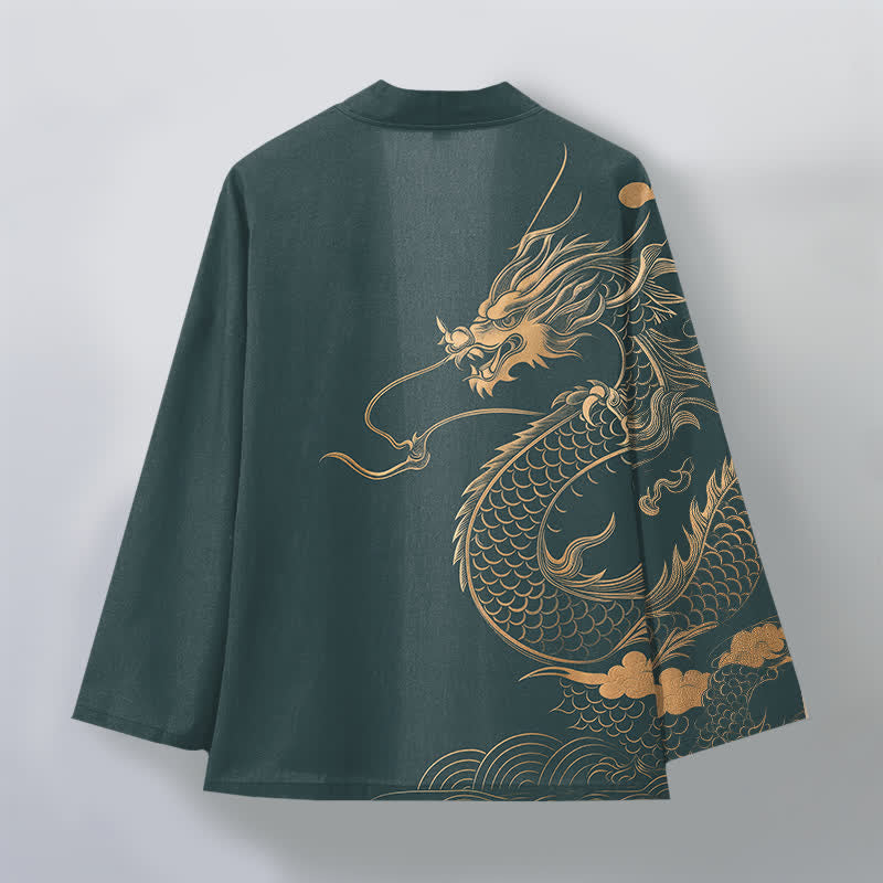 Buddha Stones Kimono de hombre de algodón con estampado de nube y dragón dorado y frente abierto. - image 11
