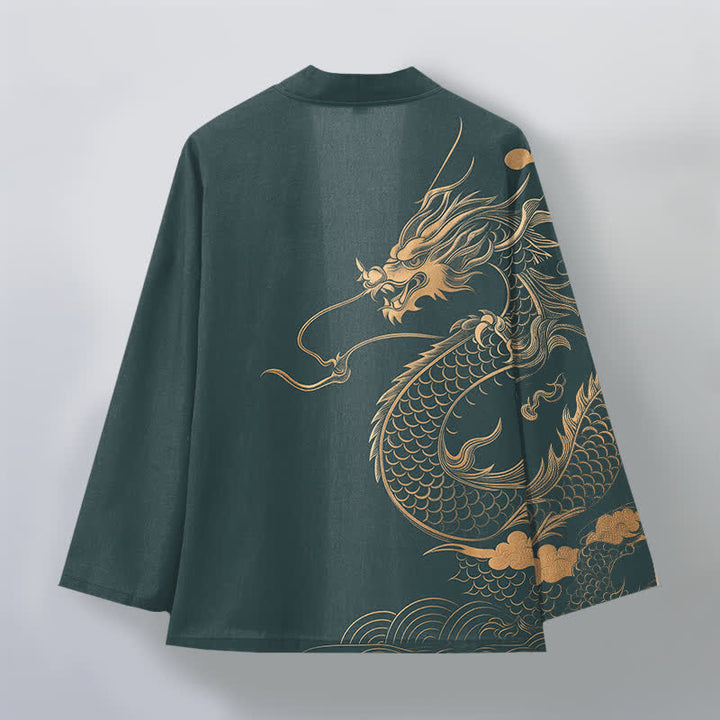 Buddha Stones Kimono de hombre de algodón con estampado de nube y dragón dorado y frente abierto. - image 11