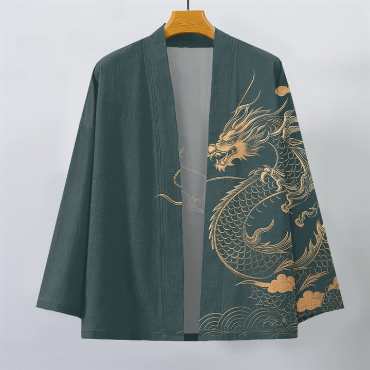 Buddha Stones Kimono de hombre de algodón con estampado de nube y dragón dorado y frente abierto. - image 10