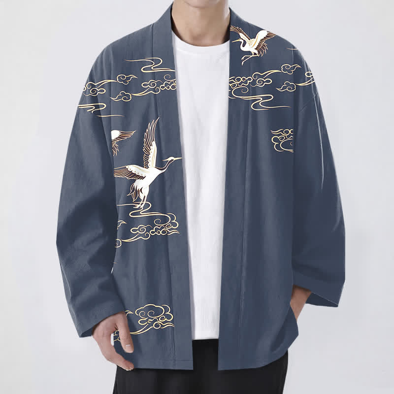 Buddha Stones Kimono de hombre de algodón blanco con estampado de grulla dorada y nube, con frente abierto. - Azul acero - US/UK/AU48, UE58 (4XL) - image 0