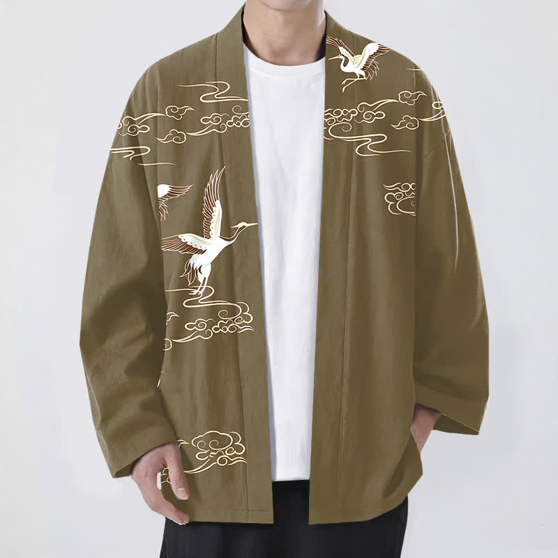 Buddha Stones Kimono de hombre de algodón blanco con estampado de grulla dorada y nube, con frente abierto. - Aceituna - US/UK/AU48, UE58 (4XL) - image 9