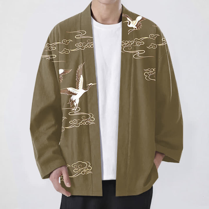 Buddha Stones Kimono de hombre de algodón blanco con estampado de grulla dorada y nube, con frente abierto. - Aceituna - US/UK/AU48, UE58 (4XL) - image 9