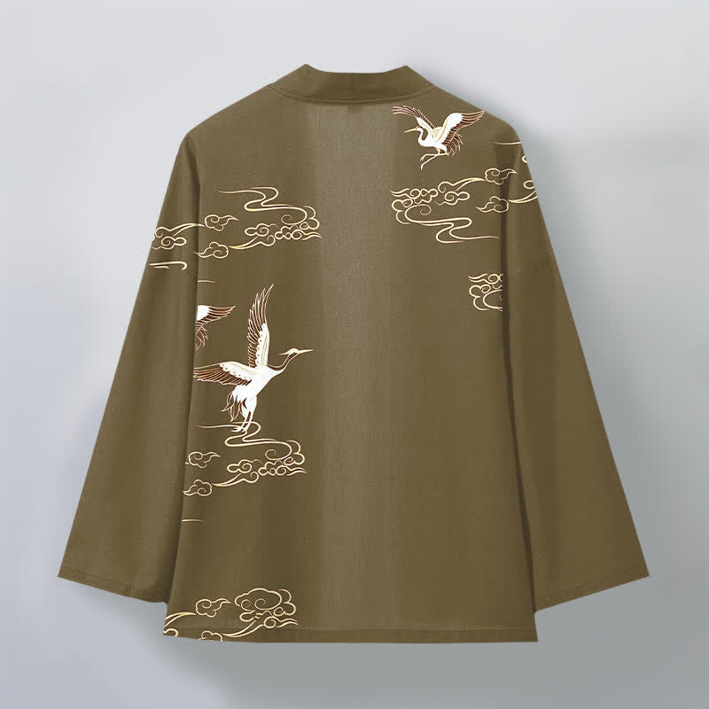 Buddha Stones Kimono de hombre de algodón blanco con estampado de grulla dorada y nube, con frente abierto. - image 11