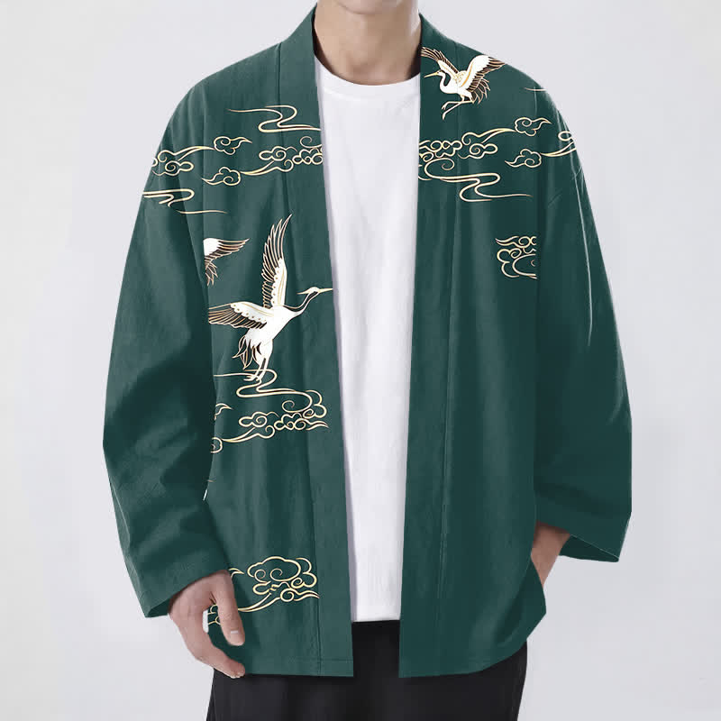 Buddha Stones Kimono de hombre de algodón blanco con estampado de grulla dorada y nube, con frente abierto. - Verde azulado - US/UK/AU48, UE58 (4XL) - image 6
