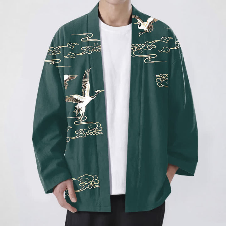 Buddha Stones Kimono de hombre de algodón blanco con estampado de grulla dorada y nube, con frente abierto. - Verde azulado - US/UK/AU48, UE58 (4XL) - image 6