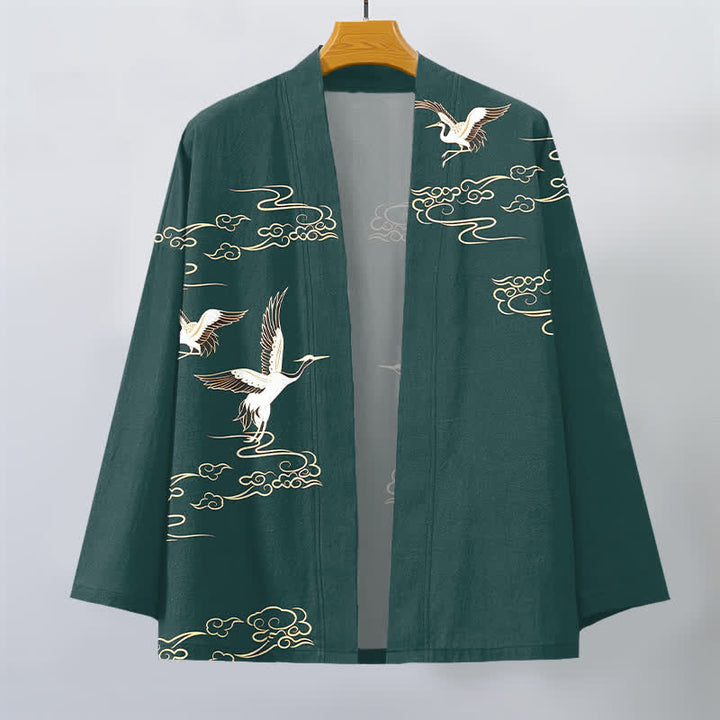 Buddha Stones Kimono de hombre de algodón blanco con estampado de grulla dorada y nube, con frente abierto. - image 7