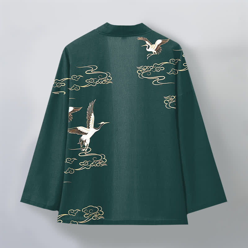Buddha Stones Kimono de hombre de algodón blanco con estampado de grulla dorada y nube, con frente abierto. - image 8