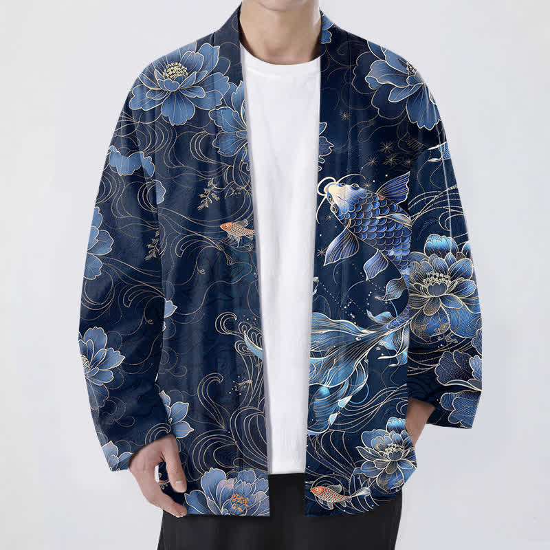 Buddha Stones Kimono de hombre con frente abierto, estampado de olas fluidas de loto koi de algodón. - Marina de guerra - US/UK/AU48, UE58 (4XL) - image 0