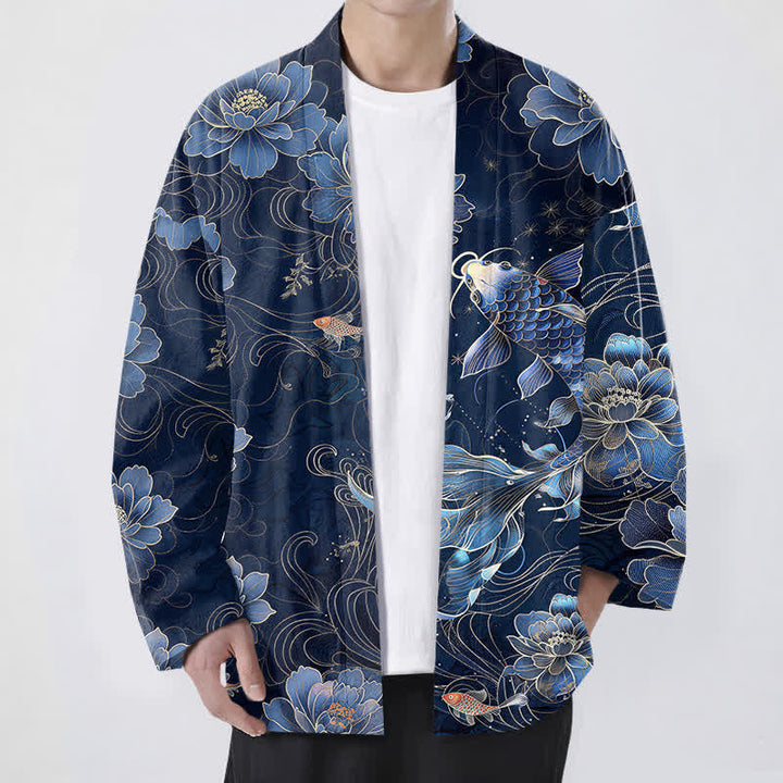 Buddha Stones Kimono de hombre con frente abierto, estampado de olas fluidas de loto koi de algodón. - Marina de guerra - US/UK/AU48, UE58 (4XL) - image 0