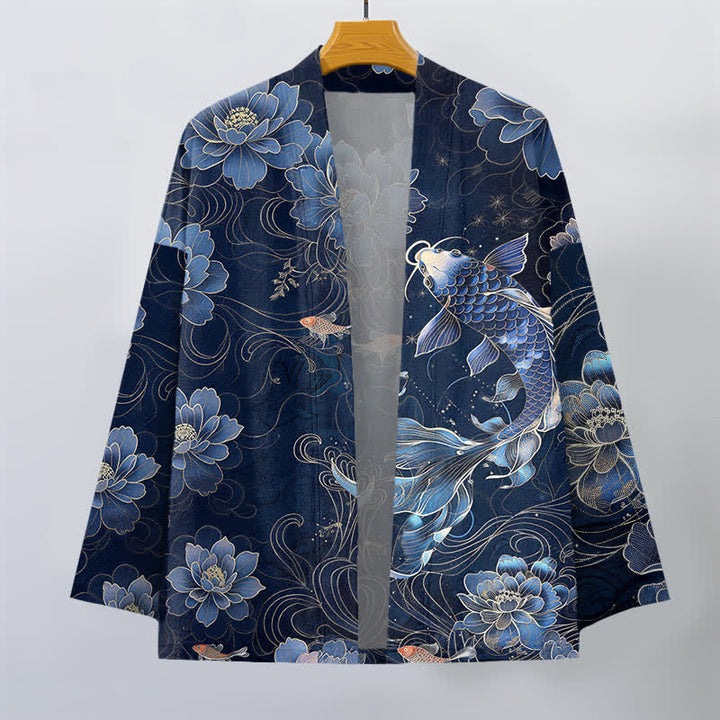 Buddha Stones Kimono de hombre con frente abierto, estampado de olas fluidas de loto koi de algodón. - image 1
