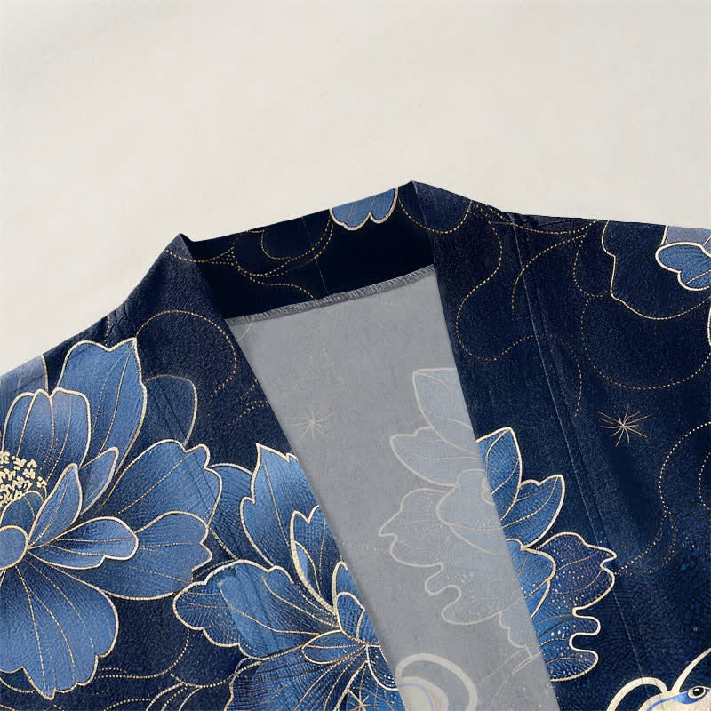 Buddha Stones Kimono de hombre con frente abierto, estampado de olas fluidas de loto koi de algodón. - image 3