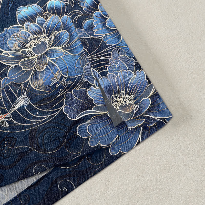 Buddha Stones Kimono de hombre con frente abierto, estampado de olas fluidas de loto koi de algodón. - image 4