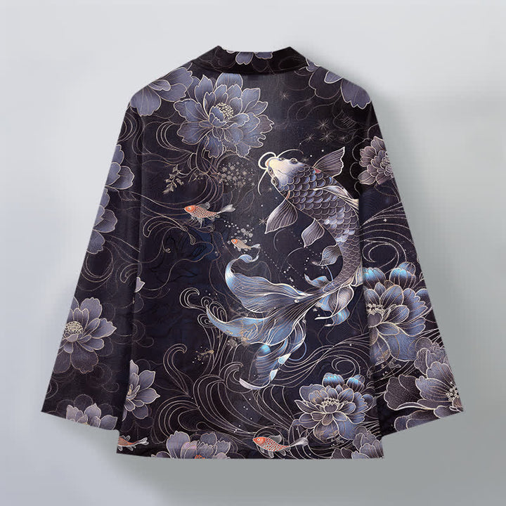 Buddha Stones Kimono de hombre con frente abierto, estampado de olas fluidas de loto koi de algodón. - image 8