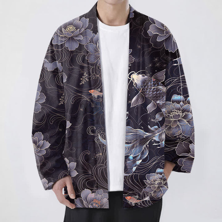 Buddha Stones Kimono de hombre con frente abierto, estampado de olas fluidas de loto koi de algodón. - Azul pizarra oscuro - US/UK/AU48, UE58 (4XL) - image 6