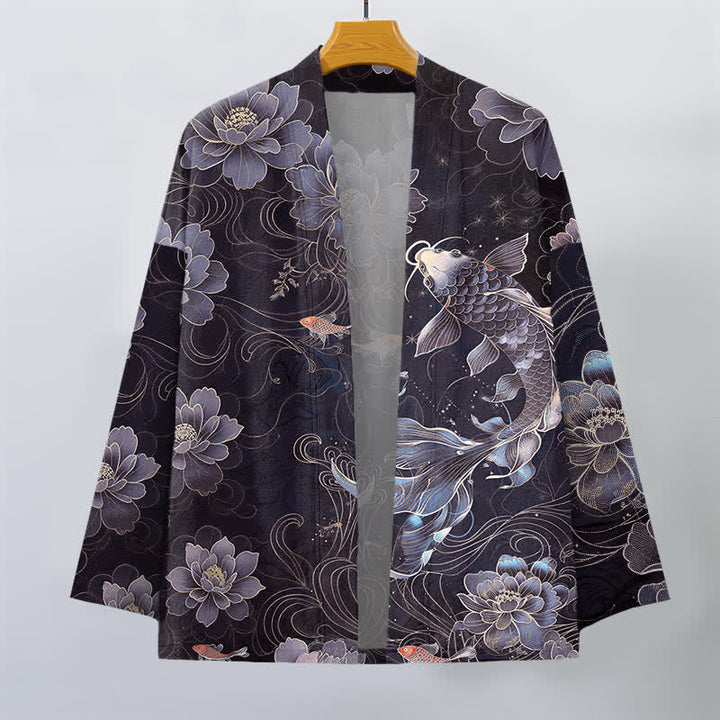Buddha Stones Kimono de hombre con frente abierto, estampado de olas fluidas de loto koi de algodón. - image 7