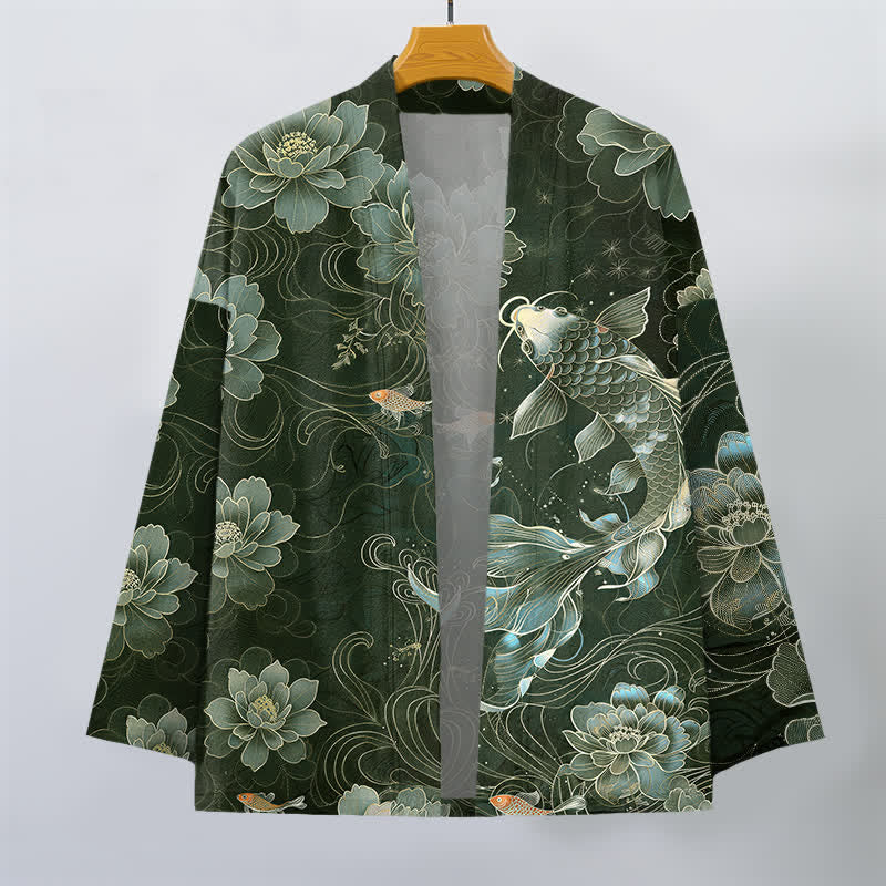 Buddha Stones Kimono de hombre con frente abierto, estampado de olas fluidas de loto koi de algodón. - image 10