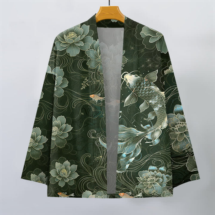 Buddha Stones Kimono de hombre con frente abierto, estampado de olas fluidas de loto koi de algodón. - image 10