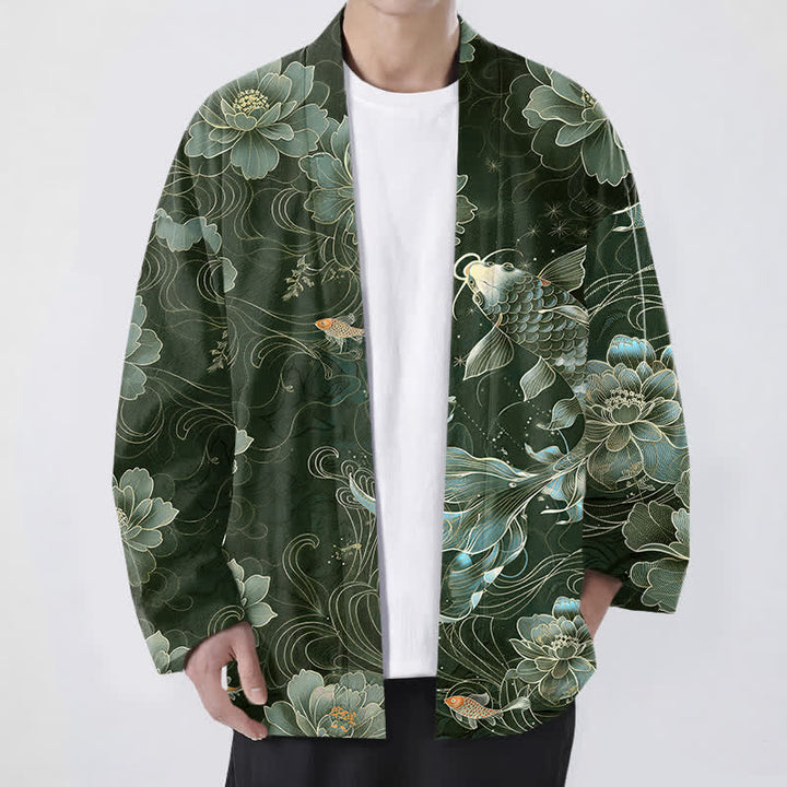 Buddha Stones Kimono de hombre con frente abierto, estampado de olas fluidas de loto koi de algodón. - Verde oscuro - US/UK/AU48, UE58 (4XL) - image 9
