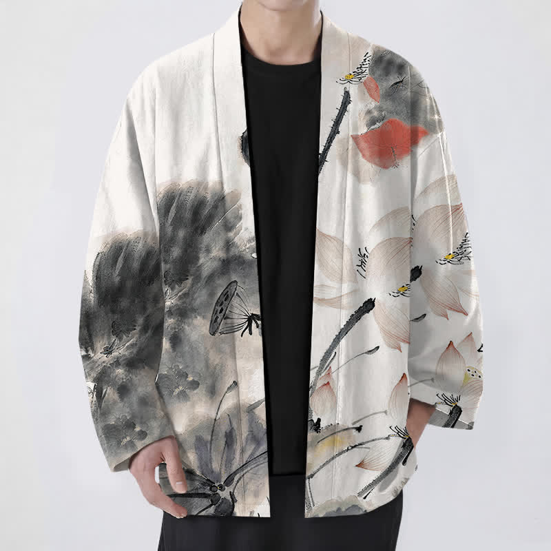Buddha Stones Kimono de hombre con estampado de loto y frente abierto, color algodón. - Negro - US/UK/AU48, UE58 (4XL) - image 0