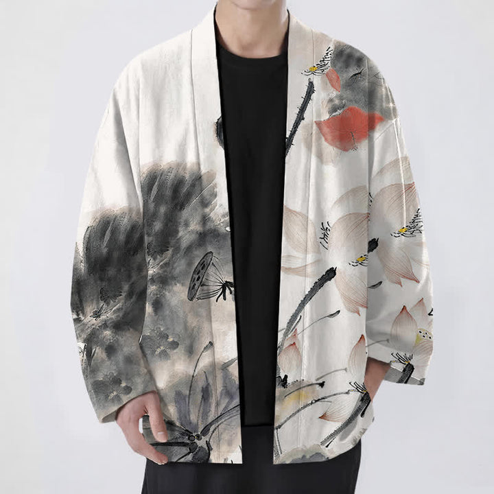 Buddha Stones Kimono de hombre con estampado de loto y frente abierto, color algodón. - Negro - US/UK/AU48, UE58 (4XL) - image 0