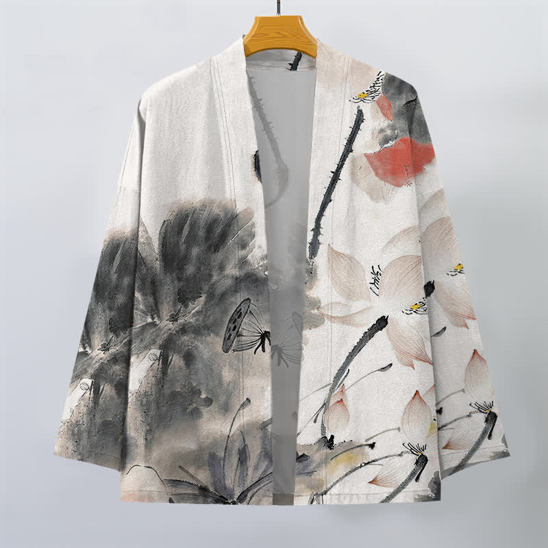Buddha Stones Kimono de hombre con estampado de loto y frente abierto, color algodón. - image 1