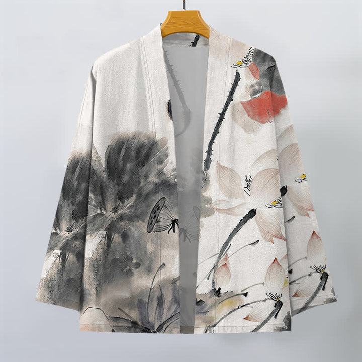Buddha Stones Kimono de hombre con estampado de loto y frente abierto, color algodón. - image 1