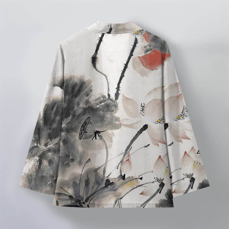 Buddha Stones Kimono de hombre con estampado de loto y frente abierto, color algodón. - image 2