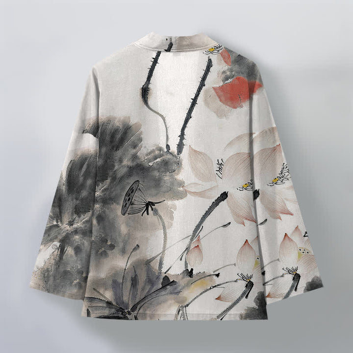 Buddha Stones Kimono de hombre con estampado de loto y frente abierto, color algodón. - image 2