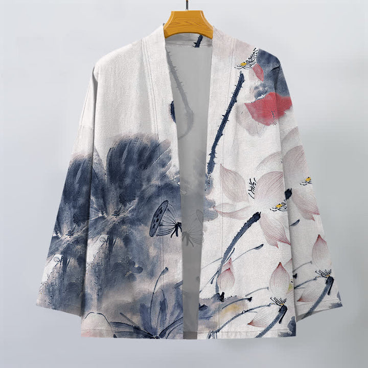 Buddha Stones Kimono de hombre con estampado de loto y frente abierto, color algodón. - image 7