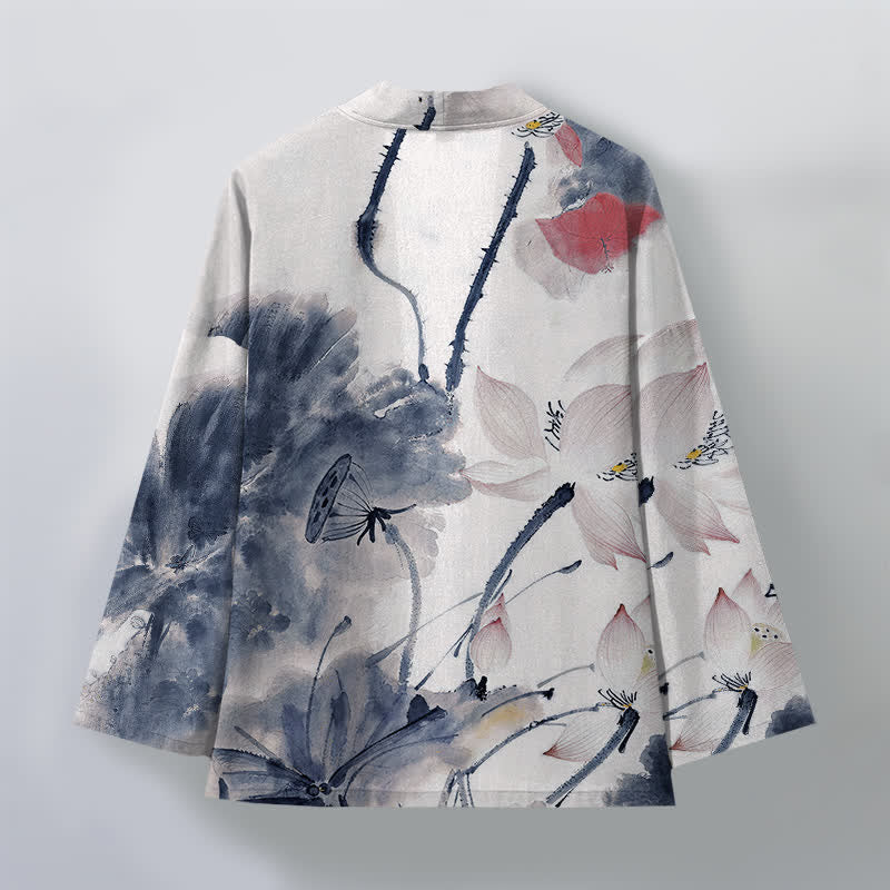 Buddha Stones Kimono de hombre con estampado de loto y frente abierto, color algodón. - image 8