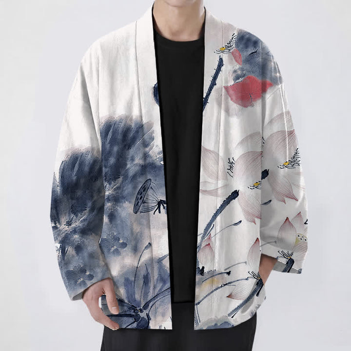 Buddha Stones Kimono de hombre con estampado de loto y frente abierto, color algodón. - Azul acero - US/UK/AU48, UE58 (4XL) - image 6