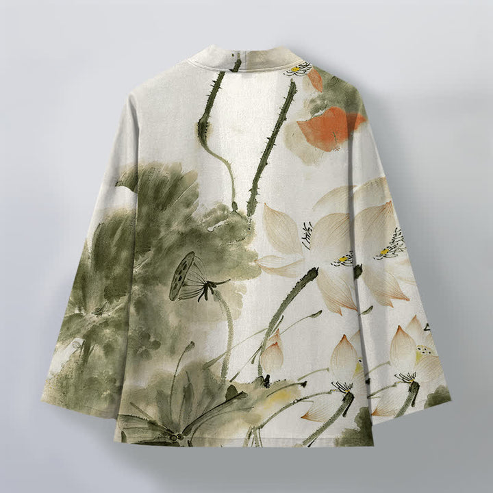 Buddha Stones Kimono de hombre con estampado de loto y frente abierto, color algodón. - image 11