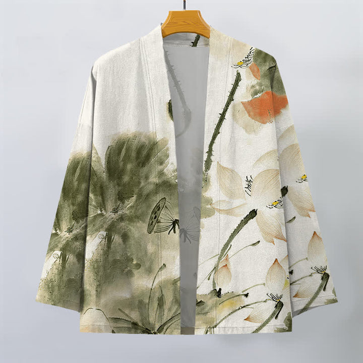 Buddha Stones Kimono de hombre con estampado de loto y frente abierto, color algodón. - image 10