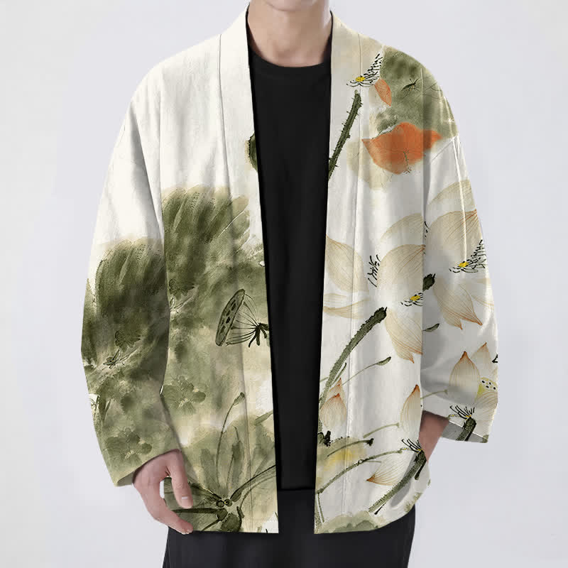 Buddha Stones Kimono de hombre con estampado de loto y frente abierto, color algodón. - Verde oliva - US/UK/AU48, UE58 (4XL) - image 9