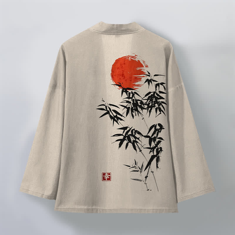 Buddha Stones Kimono de hombre de algodón rojo con estampado de bambú y tinta, con frente abierto. - image 2