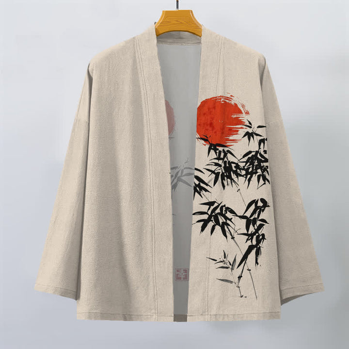 Buddha Stones Kimono de hombre de algodón rojo con estampado de bambú y tinta, con frente abierto. - image 1