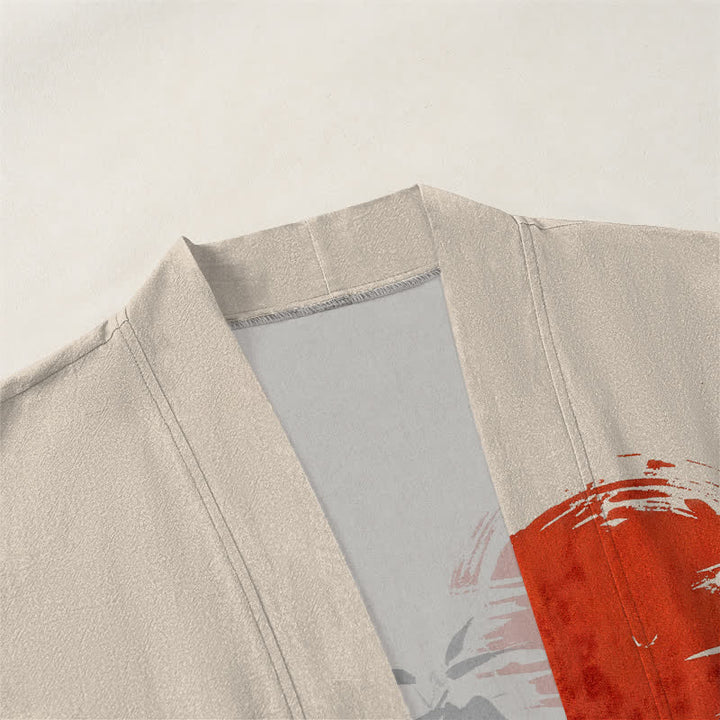 Buddha Stones Kimono de hombre de algodón rojo con estampado de bambú y tinta, con frente abierto. - image 3