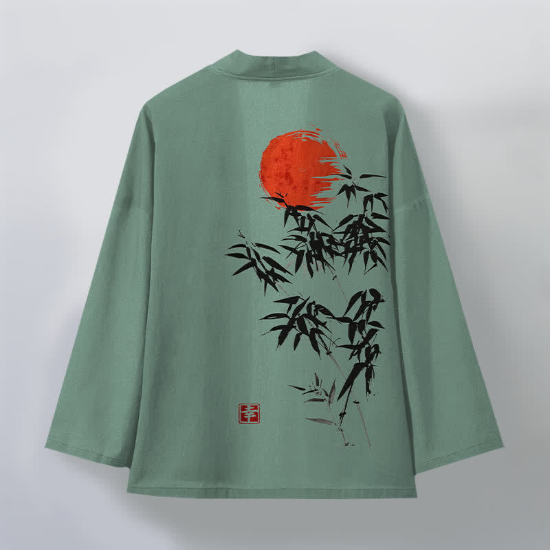 Buddha Stones Kimono de hombre de algodón rojo con estampado de bambú y tinta, con frente abierto. - image 8