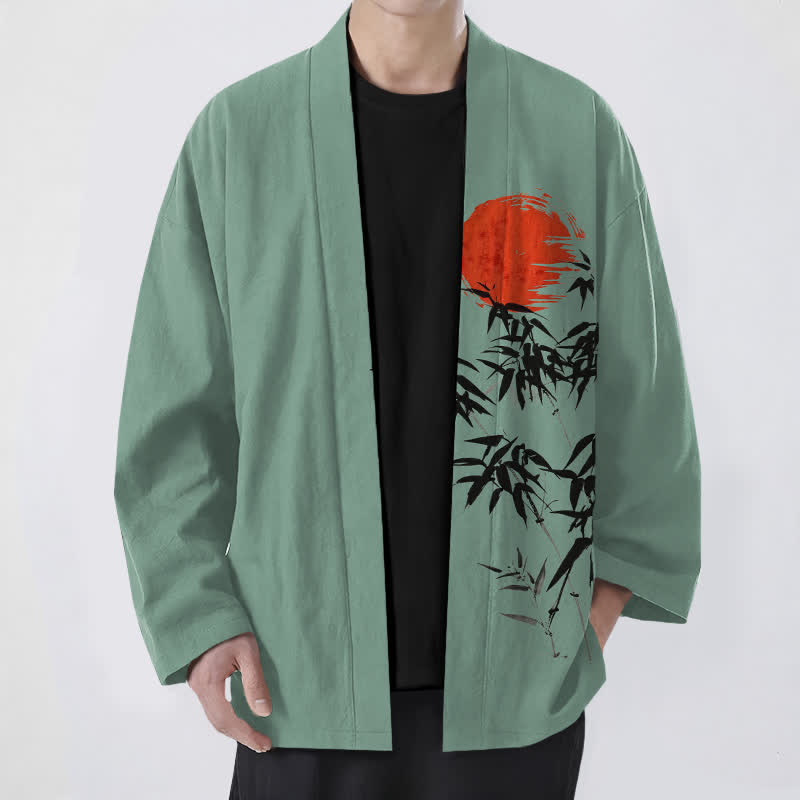 Buddha Stones Kimono de hombre de algodón rojo con estampado de bambú y tinta, con frente abierto. - Verdemar - US/UK/AU48, UE58 (4XL) - image 6