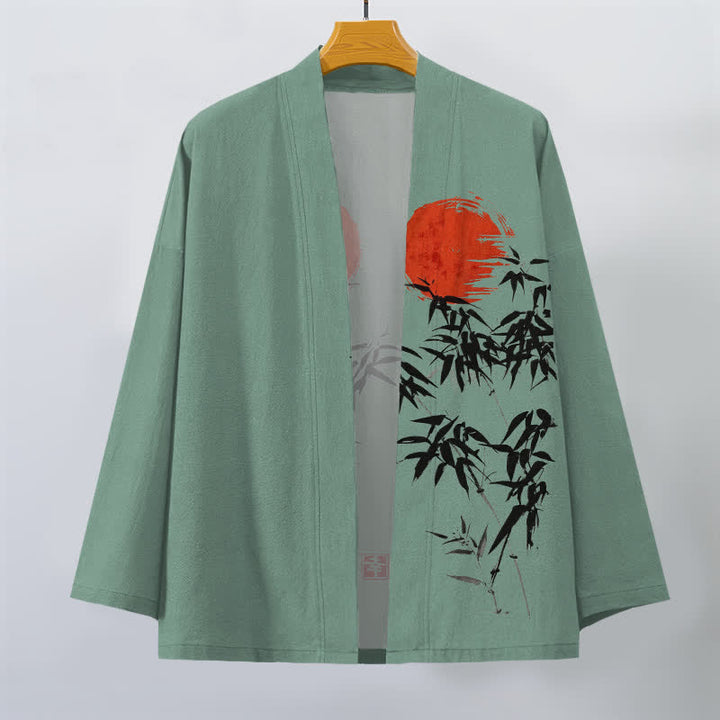 Buddha Stones Kimono de hombre de algodón rojo con estampado de bambú y tinta, con frente abierto. - image 7