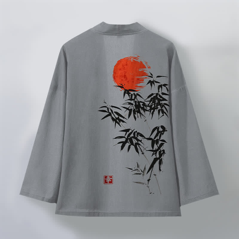 Buddha Stones Kimono de hombre de algodón rojo con estampado de bambú y tinta, con frente abierto. - image 11