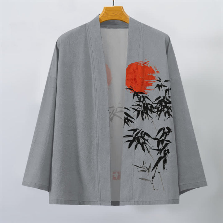 Buddha Stones Kimono de hombre de algodón rojo con estampado de bambú y tinta, con frente abierto. - image 10