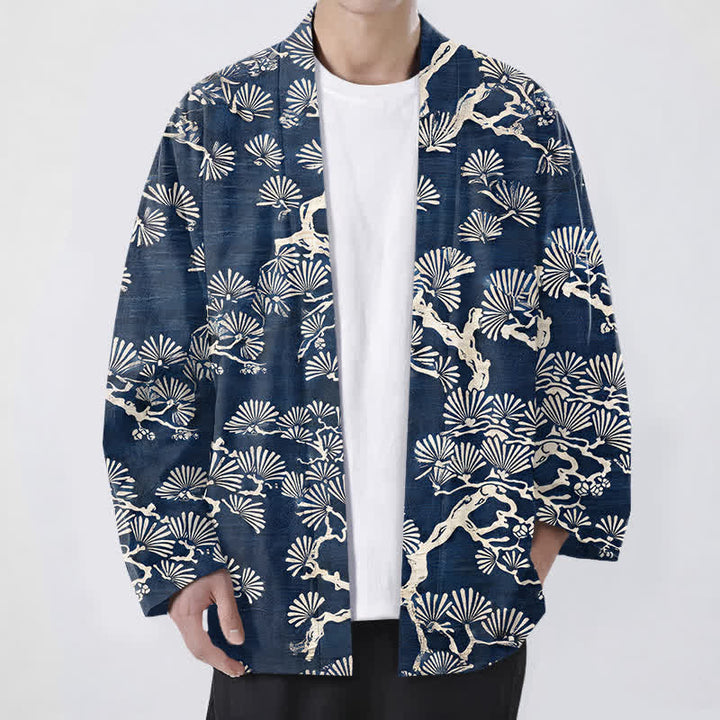 Buddha Stones Kimono de hombre con estampado de abanico de ramas de pino y algodón, frente abierto. - Marina de guerra - US/UK/AU48, UE58 (4XL) - image 0