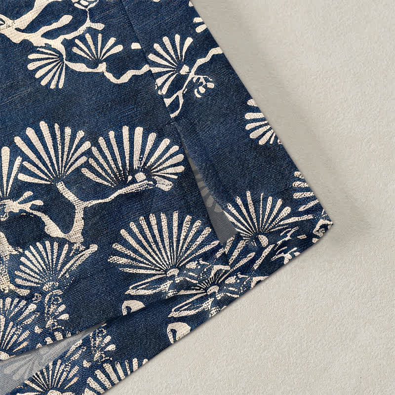 Buddha Stones Kimono de hombre con estampado de abanico de ramas de pino y algodón, frente abierto. - image 4